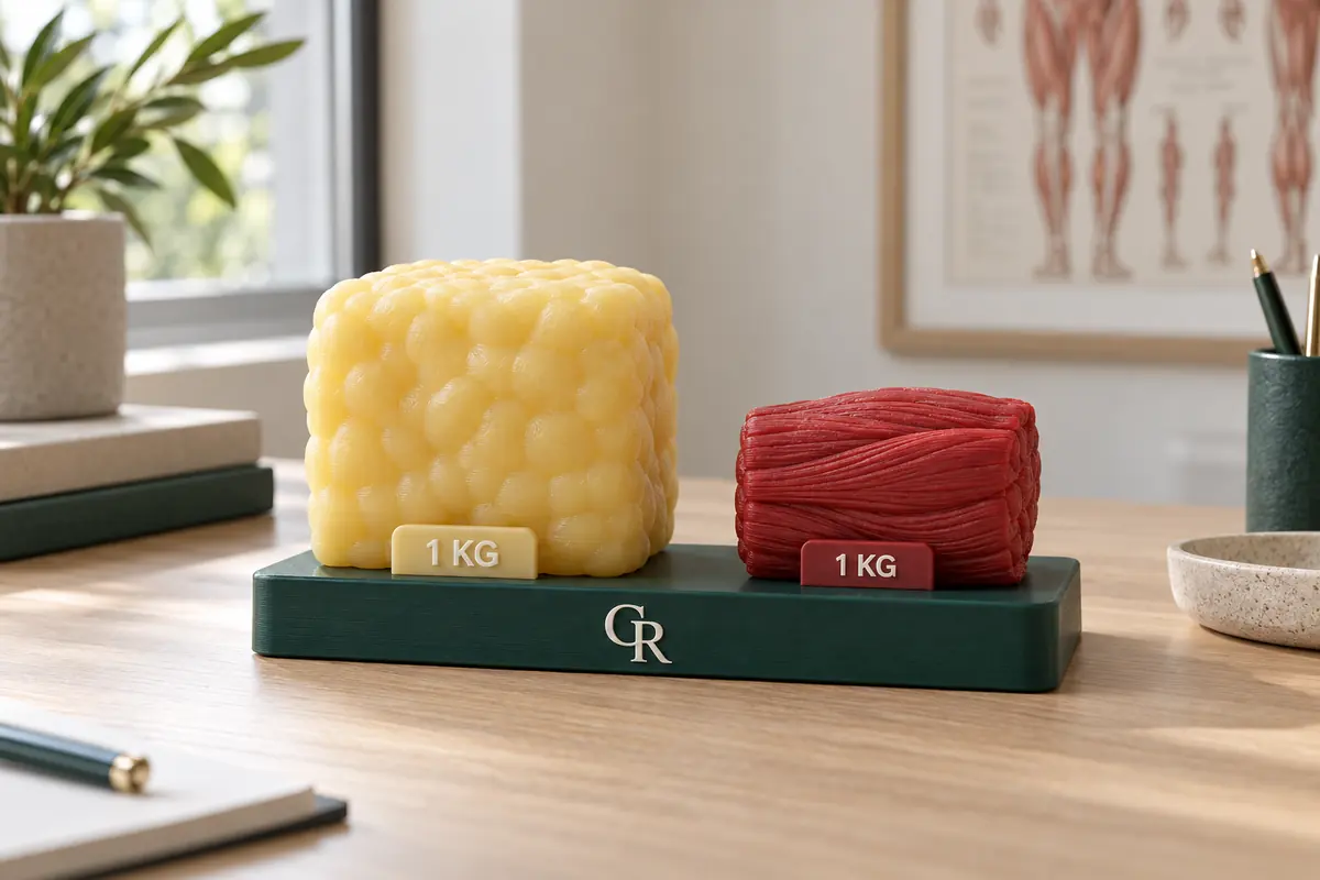 Dois blocos de 1 kg comparando o volume de gordura e de músculo