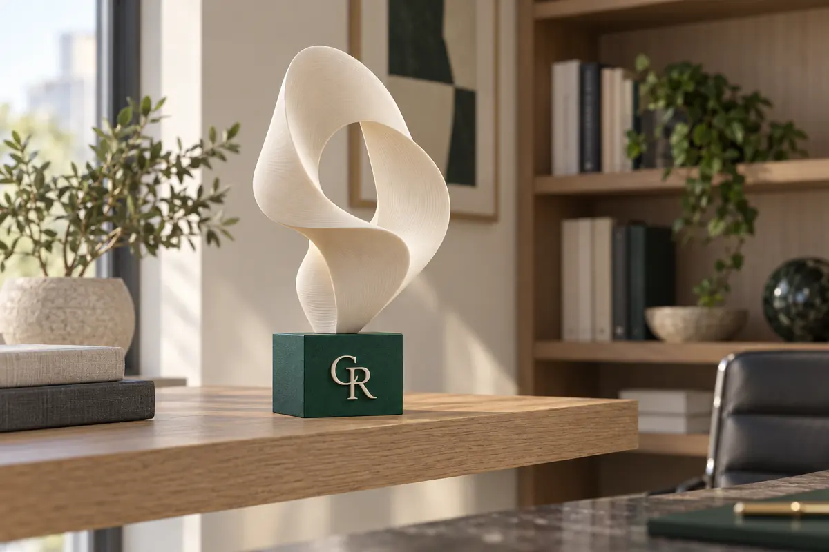 Escultura abstrata marfim sobre base esmeralda com monograma, em estante de escritório