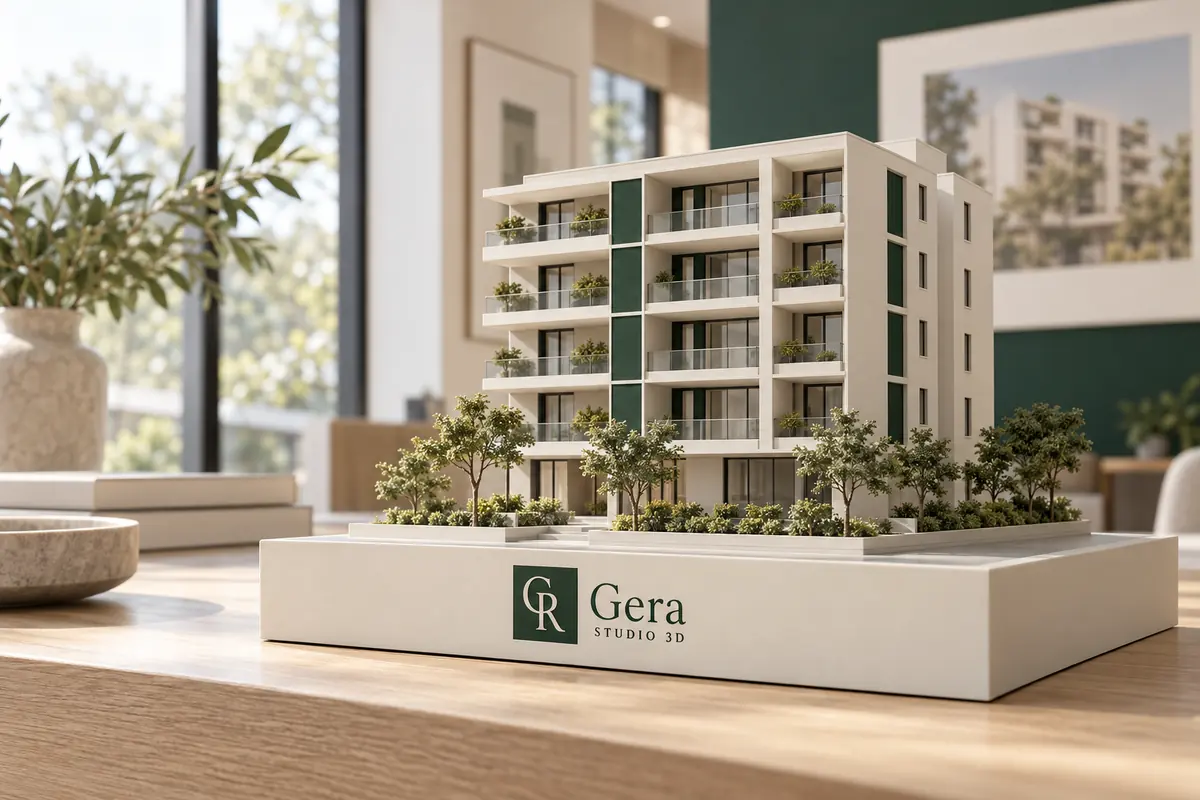 Maquete de edifício residencial em estande de vendas, com logo na base