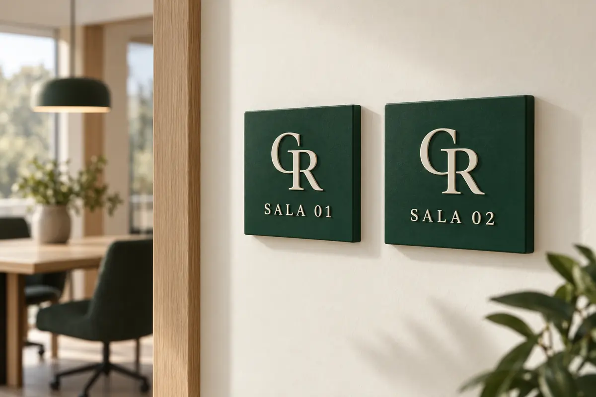 Duas placas de sala combinando na parede de um corredor de escritório