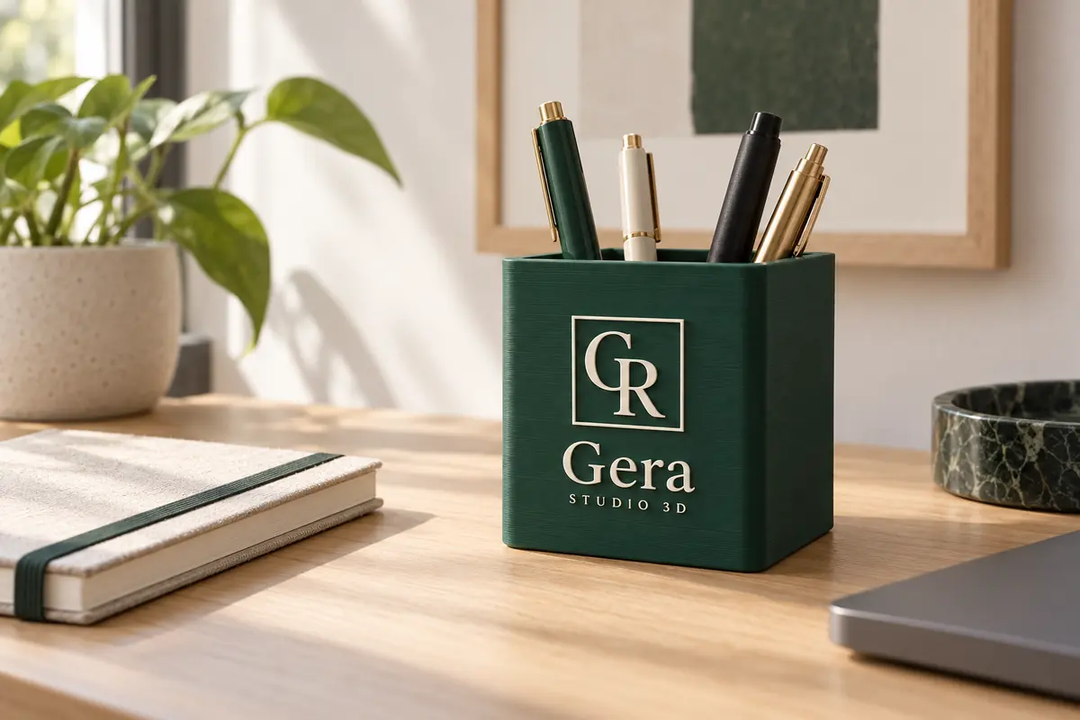 Pote de canetas esmeralda com logo marfim em relevo sobre mesa de madeira clara